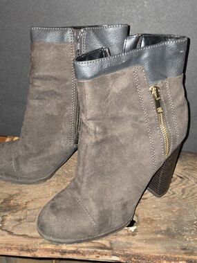 Juicy Couture Gray Suede-Look Ankle Booties with Gold Zip Accent